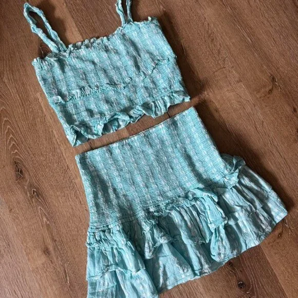 Saylor Teal Celina Ruffle Floral Printed Set‎ Size M - Picture 2 of 5